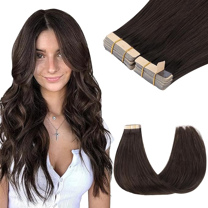GOO GOO Tape in Hair Extensions Human Hair, 2A Light Brown, 16inch 100g 40pcs, Skin Weft Seamless Invisible, Silky Straight with Thick Ends, Remy Human Hair