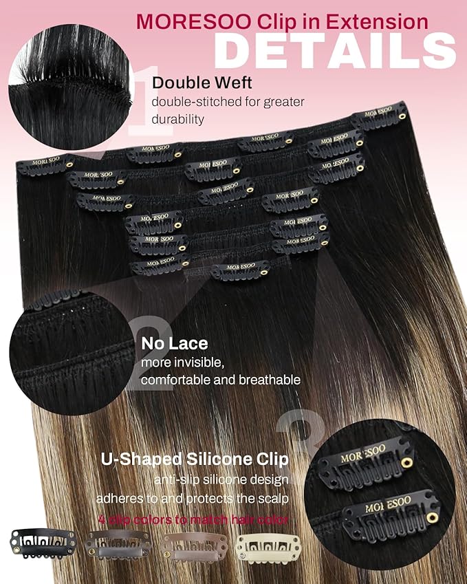 Moresoo Clip in Hair Extensions Ombre Black to Blonde with Brown Human Hair Clip in Extensions Real Human Hair Balayage Natural Black to Caramel Blonde with Brown for Women Full Head 120g/7pcs 16in