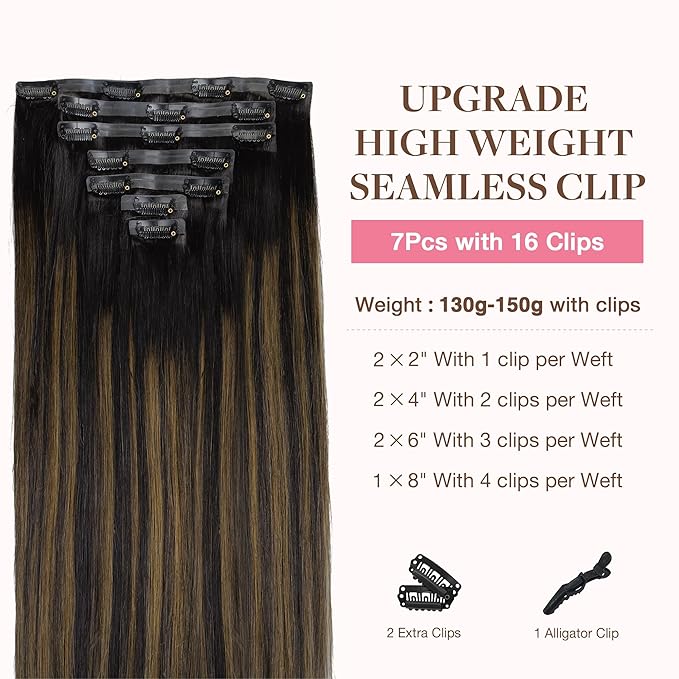 GOO GOO Clip in Hair Extensions Real Human Hair, Remy Human Hair Extensions Clip ins for Women, Natural Human Hair, 22inch 150g 7Pcs, 1B/6/1B Balayage Natural Black to Chestnut Brown