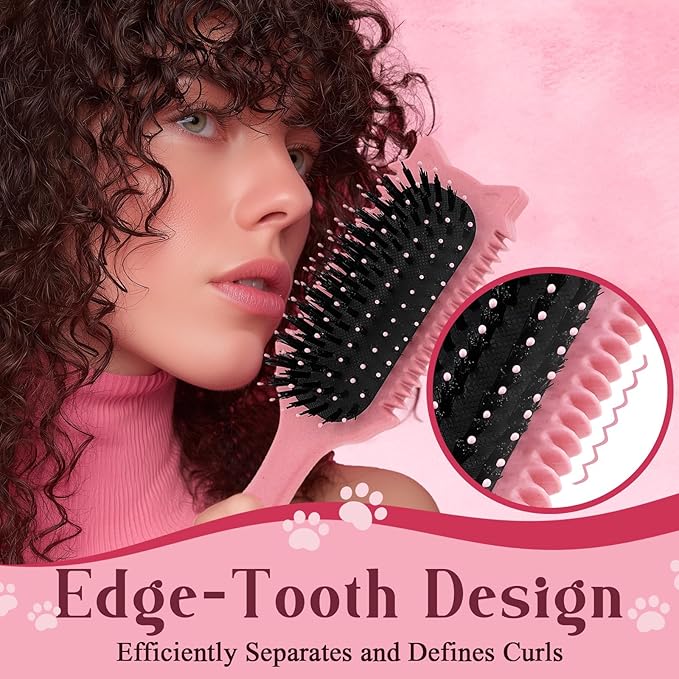 Curly Hair Brush, Curl Defining Brush for Effortless Curly Hair Care, Funny Cat Ear Type Curl Brush Suitable for Wet & Dry Hair,Women and Men,Reduces Frizz (Pink)