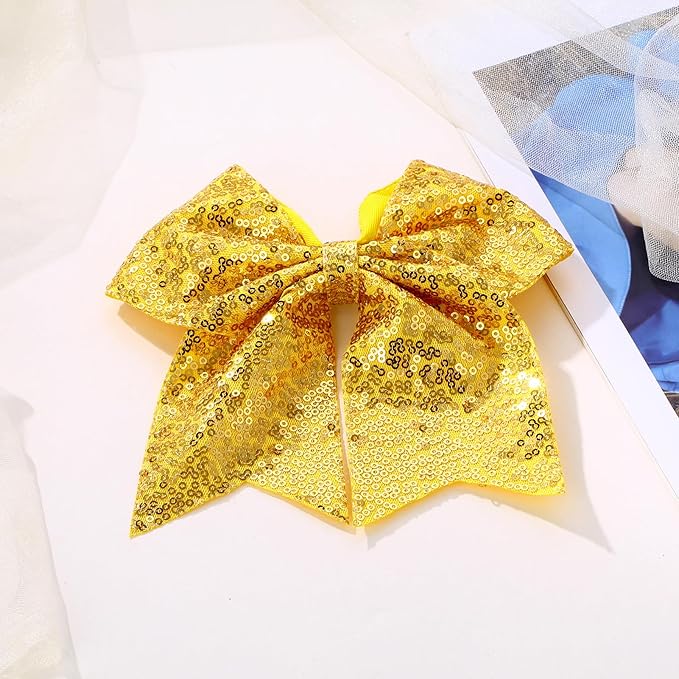 Large Glitter Cheer Bows Clips, Jumbo Big 7 Inch Cheerleading Sequin Hair Bow Hair Accessories for Teens Girls Football Sports Cheerleader Outfit Uniform (Yellow)