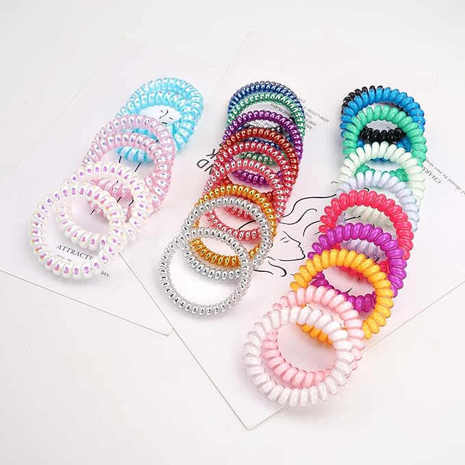 DeD 26 Pcs Spiral Hair Ties,No Crease Ponytail Holders,3 Styles Coil Hair Ties,Slim Laser Colors Spiral Bracelets,Phone Cord Fluorescent Elastic Hair Coils Hair Accessories for Women Girls