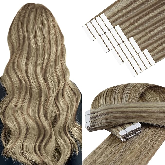 YoungSee Tape in Hair Extensions Human Hair Brown to Blonde Human Hair Extensions Tape ins Highlight Light Brown with Blonde Seamless Tape-in Extension Real Hair for Women Short Hair 12 Inch 20pcs 30g
