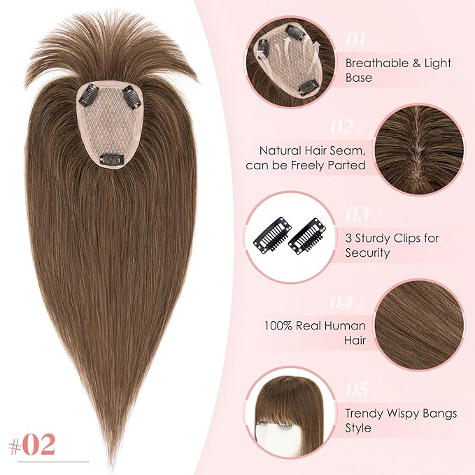 Hairro Human Hair Toppers with Wispy Bangs, 3.5x4.7" Hand-wovened Base for Women with Thinning Hair, Lightweight & Breathable Realistic Scalp, Clip-in Hairpieces for Easy Wear, 10 Inch Cocoa Brown