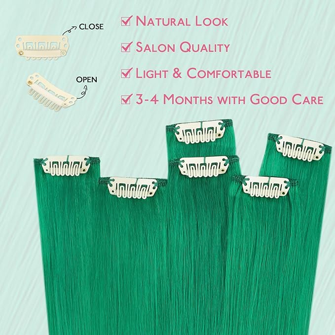 WENNALIFE Green Clip in Hair Extensions Real Human Hair 35g 6pcs 20 Inch Colored Hair Extensions for Kids Women Colorful Hair Pieces Pop-up Style Straight Extensiones De Cabello Humano Con Clip