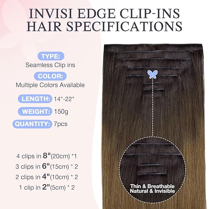 DOORES Invisible Clip in Hair Extensions 22 Inch 150g 7pcs, Real Human Hair Invisi Edge Virgin Clip ins Extensions Straight Thickening, 1D/2C/4E Natural Black to Dark Brown and Chocolate Brown