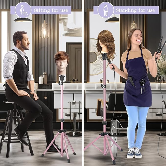 Auroras Adjustable Wig Stand Tripod, Mannequin Stand for Wig Tripod Stand, Mannequin Head Stand for Cosmetology Hairdressing Training, Pink (Mannequin Head Not Included)