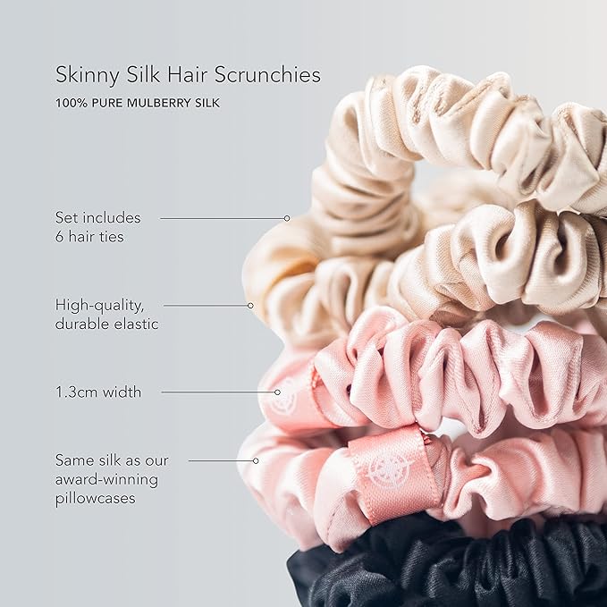 Fishers Finery 25 Momme Pure Mulberry Silk Skinny Scrunchies | Hair Tie Set for Thin Hair (Natural White- 6 Pk)