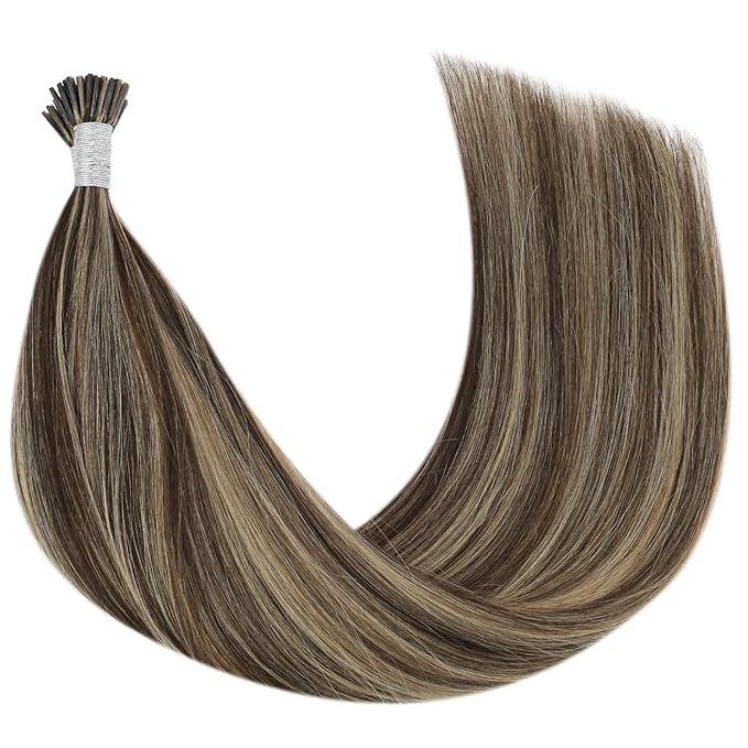 YoungSee Itip Human Hair Extensions Brown I Tip Hair Extensions Human Hair Highlight Dark Brown with Caramel Blonde Tip Hair Extension Human Hair Short 14In 80s 50g