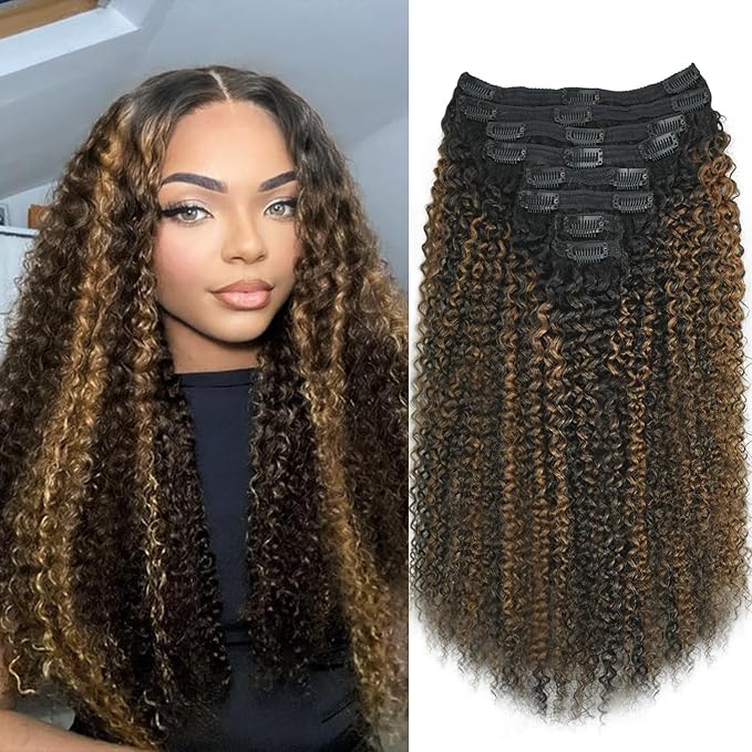 18 Inch Kinky Curly Clip in Hair Extensions Omber T1BP1B/30 Color 3c 4a Kinky Curly Clip ins For Women Brazilian Virgin Hair Clip on Hair Extensions(18inch,T1BP1B/30)