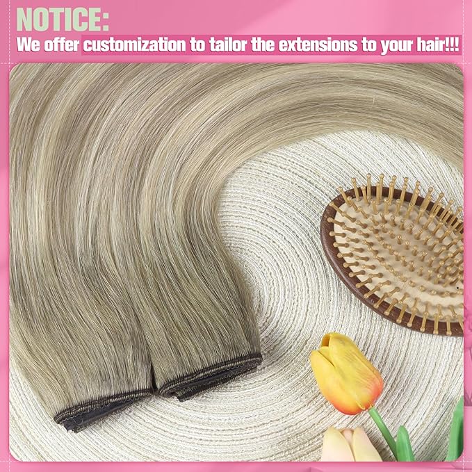 YoungSee Wire Hair Extensions for Women Ombre Invisible Wire Hair Extensions Human Hair Balayage Ash Blonde Ombre Platinum Blonde Fish Line Extensions Real Human Hair 80g 18In