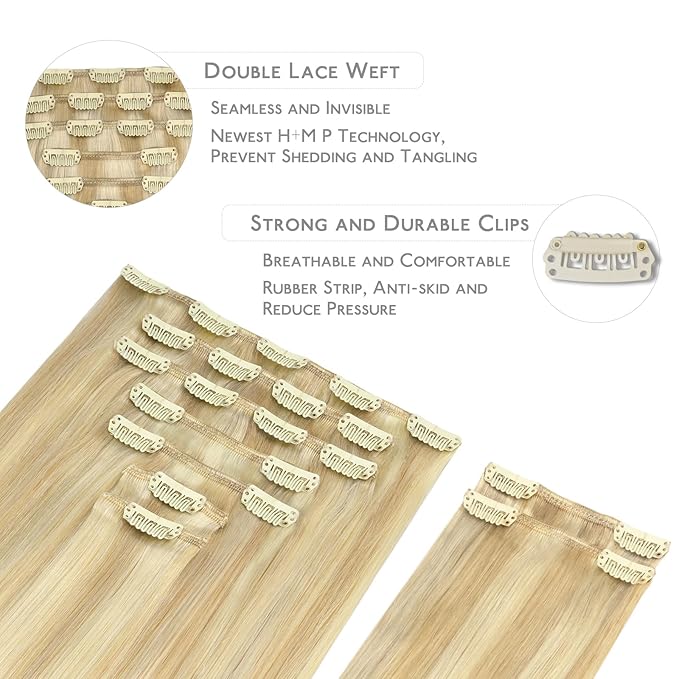 WENNALIFE Clip in Hair Extensions, 150g 24 Inch 9pcs Light Blonde Highlighted Golden Blonde Human Hair Extensions Thicker Real Human Hair Clip Set Double Weft