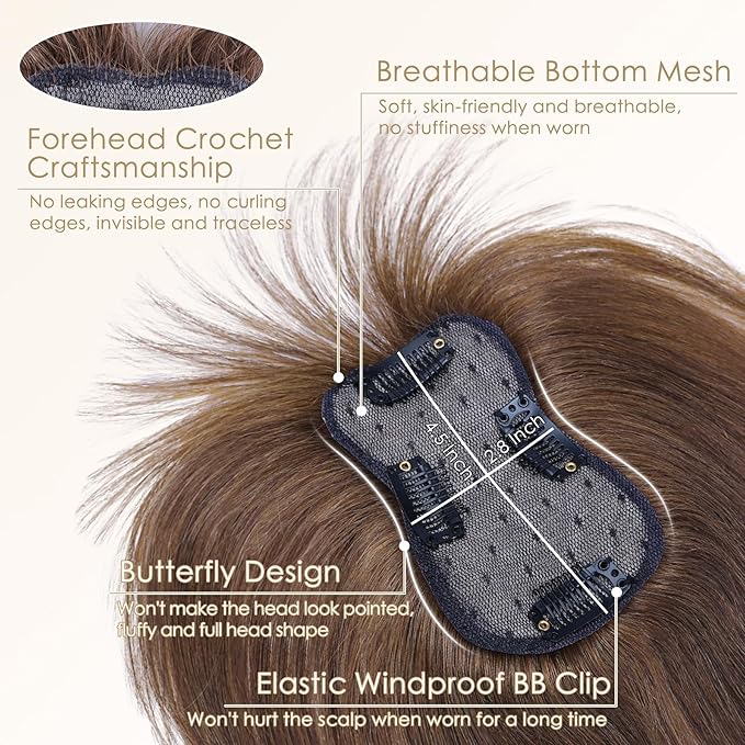 Hair Toppers for Women Clip in Bangs Real Human Hair,10 Inch 30g Brown Topper for Women 150% Density Silk Base Clip in Pieces Straight for Thin Daily Use