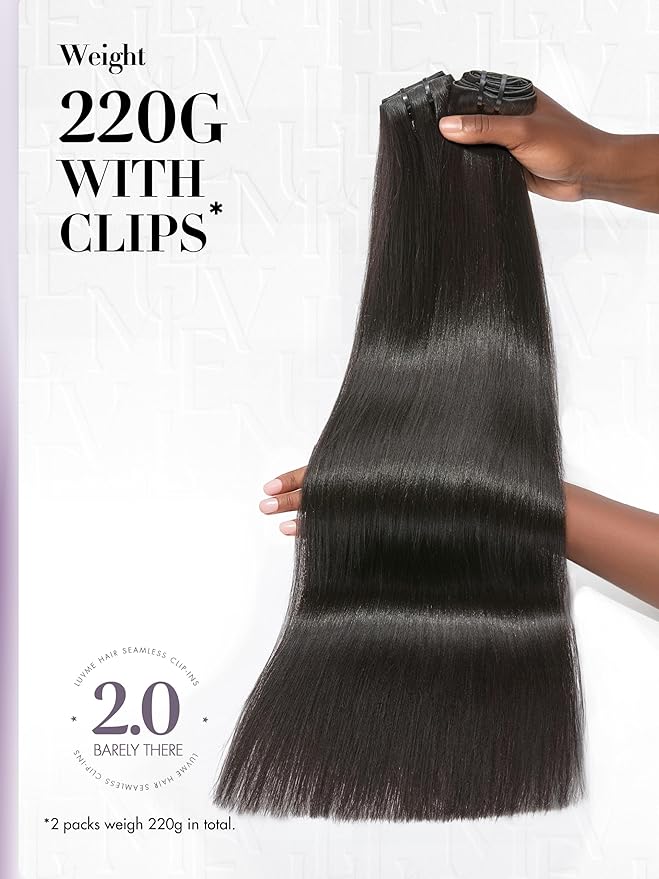 LUVME Invisible Clip in Hair Extensions, Yaki Straight Real Human Hair 24 Inch 2 Pack 220g 12pcs Clip ins Hair Extensions Natural Black for Women