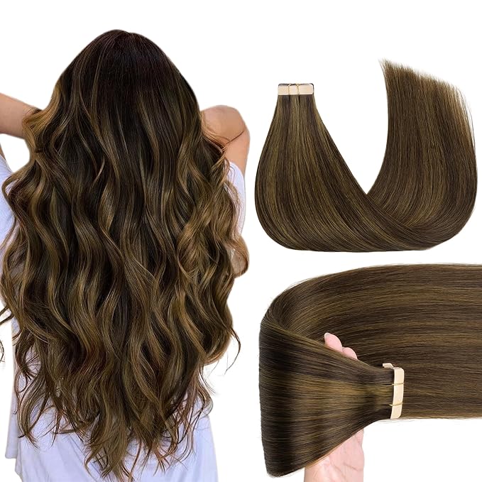 GOO GOO Tape in Hair Extensions Human Hair, 2C/4E/6C Brown Sugar Swirl Highlights, 12inch 40g 20pcs, Skin Weft Seamless Invisible, Silky Straight with Thick Ends, Remy Human Hair