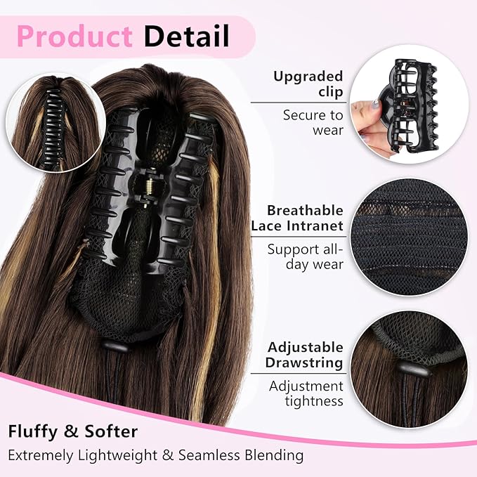 ALXNAN Ponytail Extension,24 Inch Claw Clip in Long Curly Wavy Dark Brown with Golden Blonde Ponytail Hair Extension Jaw Clip on Pony Tails Hairpiece for Women