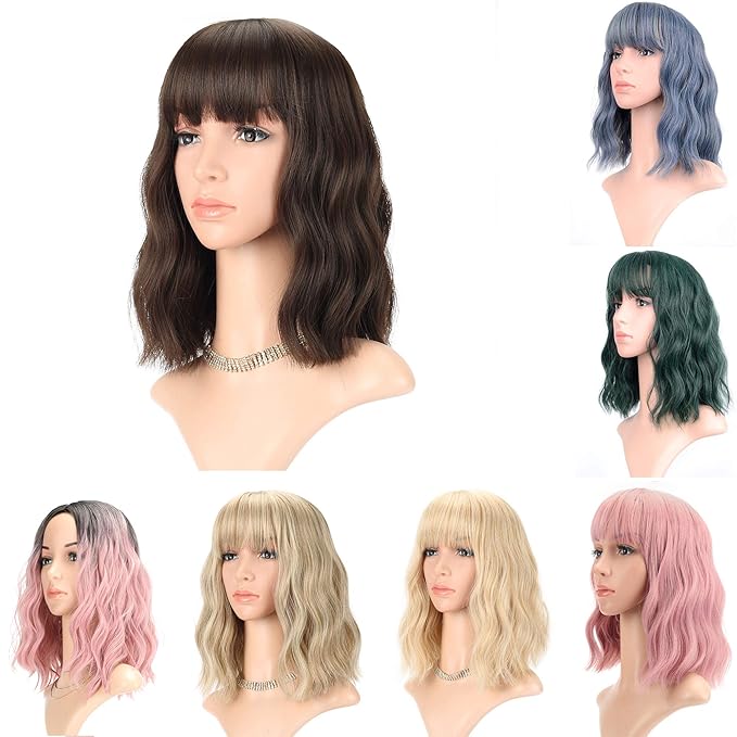 FAELBATY Short Green Wigs With Air Bangs Shoulder Length Bob Wig For Women Curly Wavy Synthetic Cosplay Wig for Girl (12" Dark Green)