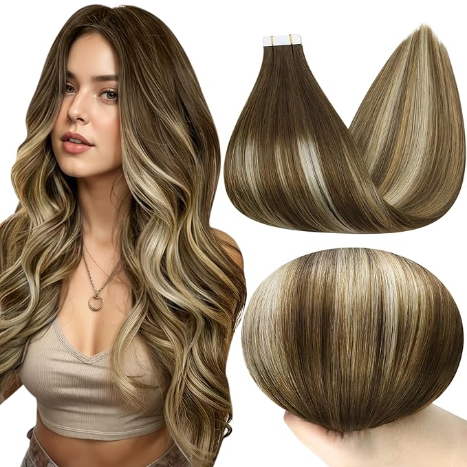 Full Shine Balayage Tape in Hair Extensions Human Hair 18 Inch 20Pcs 50G Double Sided Tape in Extensions Color 4/27/60/8 Medium Brown Ombre Blonde and Ash Brown Remy Hair Extensions Tape ins Seamless