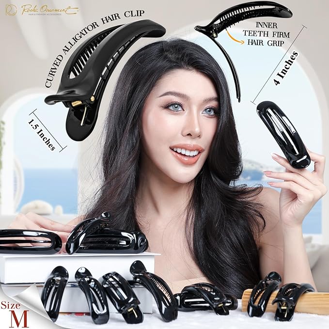 RC ROCHE 6 Pcs Flat Claw Hair Clips for Women Alligator French Barrette Long Thick Hair Duckbill Curved No Slip Grip Lay Flat Side Slide Firm Classic Styling, Medium Black