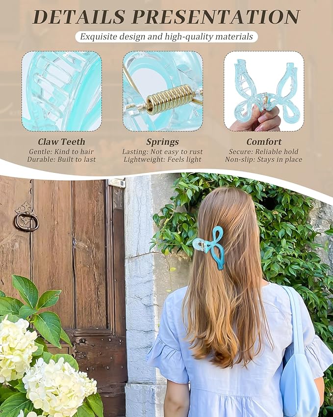 Mesovor 4 Pack Bow Hair Claw Clips for Women, Nonslip 4.3" Large Hair Grip Clawclips for Thin and Thick | Bowknot Hair Strong Hold Hair Jaw Clamps Gifts (Pink, Yellow, Blue, Off-white)