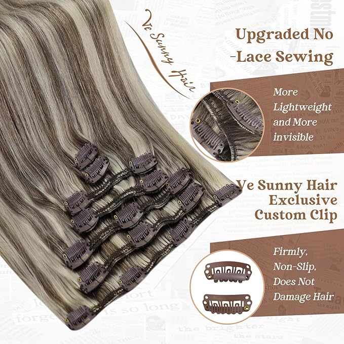 Ve Sunny 24 inch Hair Extensions Clip in Real Human Hair Light Brown Highlight Platinum Blonde Hair Extensions Clip ins Remy Straight Human Hair for Women 7pcs 120g
