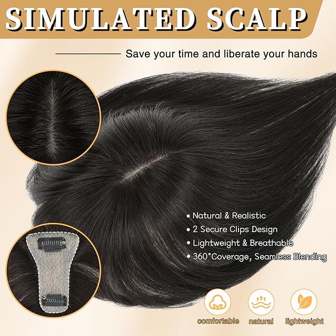 NAYOO Hair Toppers for Women Real Human Hair, 360° Cover Clips in Full Fringe Fake Bangs Hair Pieces for Women Girls Daily Wear(Brown Black)