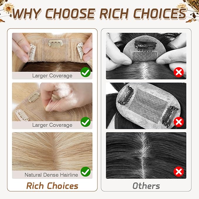 Rich Choices Hair Toppers for Women Real Human Hair 100% Human Remy Toppers NO Bangs with Thinning on Top Clip in Hairpiece 4"x4.7"Lace Base 12 Inch #18P613 Ash Blonde Highlights Bleach Blonde