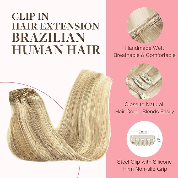GOO GOO Clip in Hair Extensions Real Human Hair, Remy Human Hair Extensions Clip ins for Women, Natural Human Hair, 14inch 120g 7Pcs, 18A/613A Dark Blonde Highlighted Bleach Blonde