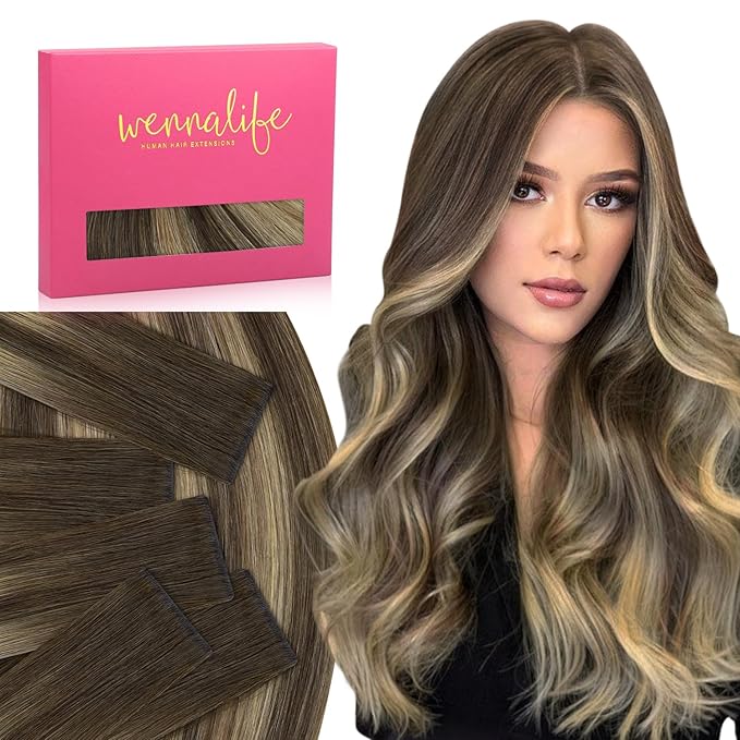 WENNALIFE Invisi Edge Tape in Hair Extensions Human Hair, 16 Inch 25g 10pcs Balayage Chocolate Brown to Caramel Blonde Invisible Luxury Remy Hair Extensions Seamless Injected Straight Extensiones