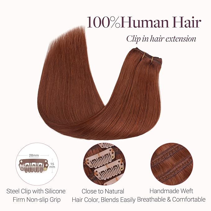 GOO GOO Clip in Hair Extensions Real Human Hair, Remy Human Hair Extensions Clip ins for Women, Natural Human Hair, 18inch 120g 7 Pcs, #33B Dark Auburn Copper