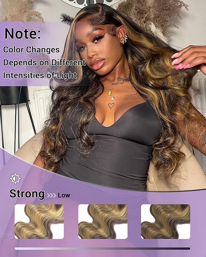 Highlight Yellow On Brown Color 2x6 HD Lace Closure Human Hair Body Wave Transparent Lace Closure 2x6 Long Middle Part 100% Raw Virgin Human Hair 20 Inch 150% Density