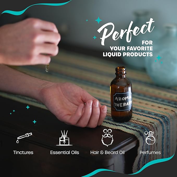 Nevlers 4 oz Amber Glass Dropper Bottle 24 Pack | Glass Tincture Bottles with Dropper for Oils, Medicine & Serums | Leakproof Amber Bottles Set w/Label Stickers, Marker, Funnel, Brush & Shrink Wrap