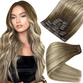 Full Shine Seamless Clip in Hair Extensions Remy Human Hair 16 Inch 120G 8 Pcs Balayage Brown Ombre to Light Brown Mix Blonde Human Hair Clip in Extensions for Women