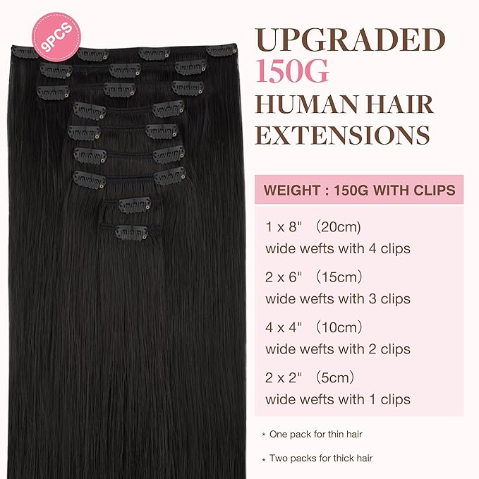 GOO GOO Clip in Hair Extensions Real Human Hair, Remy Human Hair Extensions Clip ins for Women, Natural Human Hair, 24inch 240g 9Pcs, #1B Natural Black