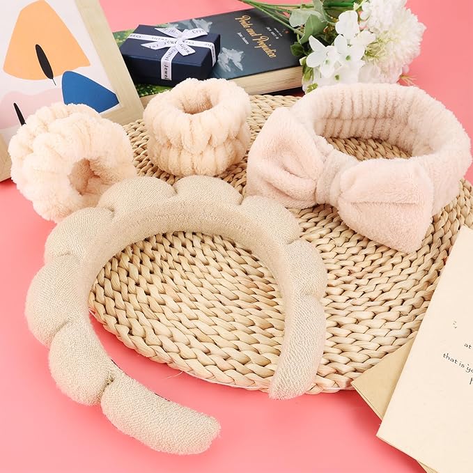 Zkptops 6Pcs Spa Headband for Washing Face Wristbands Set Women Bubble Skincare Makeup Sponge Terry Cloth Padded Puffy Headband Bow Tie Hairband Cute Non Slip Thick Hair Accessory Gifts (Brown)