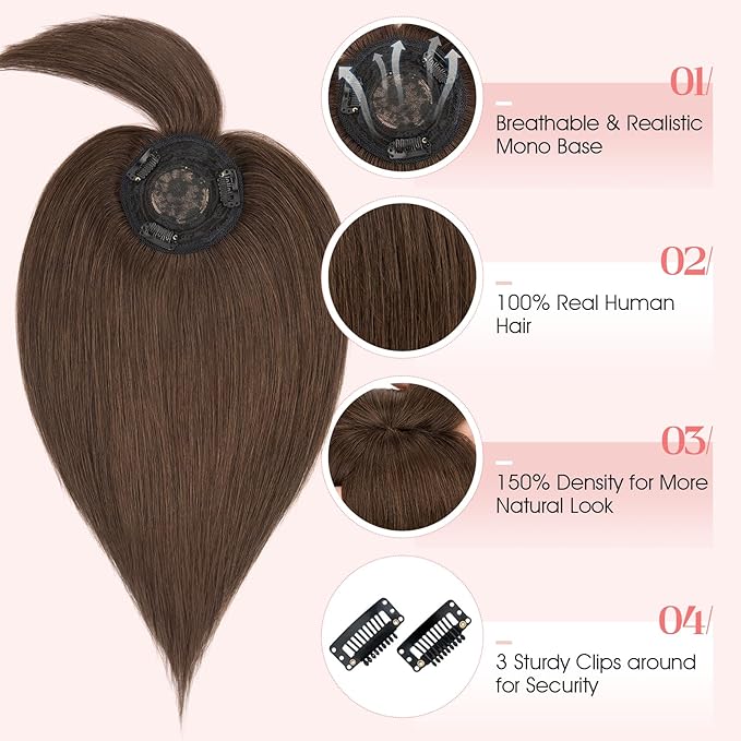 Hairro Mono Hair Toppers with Bangs, 3.4" x 3.4" Mono Base 100% Real Human Hairpieces for Women, 150% Density Clips In Topper for Greyish Thinning Hair, 16 Inch Dark Brown