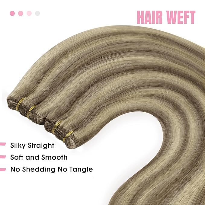 YoungSee Sew in Hair Extensions Real Human Hair Highlight Hair Extensions Weft Light Brown with Blonde Highlight Hand Tied Weft Hair Extensions Human Hair 20Inch 100G
