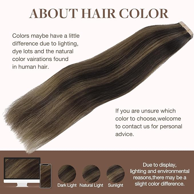 GOO GOO Tape in Hair Extensions Human Hair, 2/6 Dark Brown Highlighted Chestnut Brown, 20inch 30g 10pcs, Skin Weft Seamless Invisible, Silky Straight with Thick Ends, Remy Human Hair