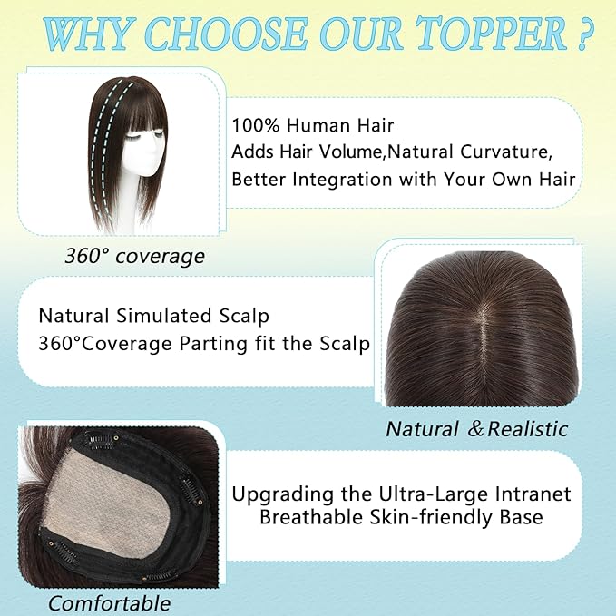 Hair Toppers for Women Real Human Hair, 360° 3D Toppers Pieces for Women with Thinning Crown Wispy Bangs 14 Inch Upgrade Big Basement (Dark Brown, 14 Inch Wispy Bangs)