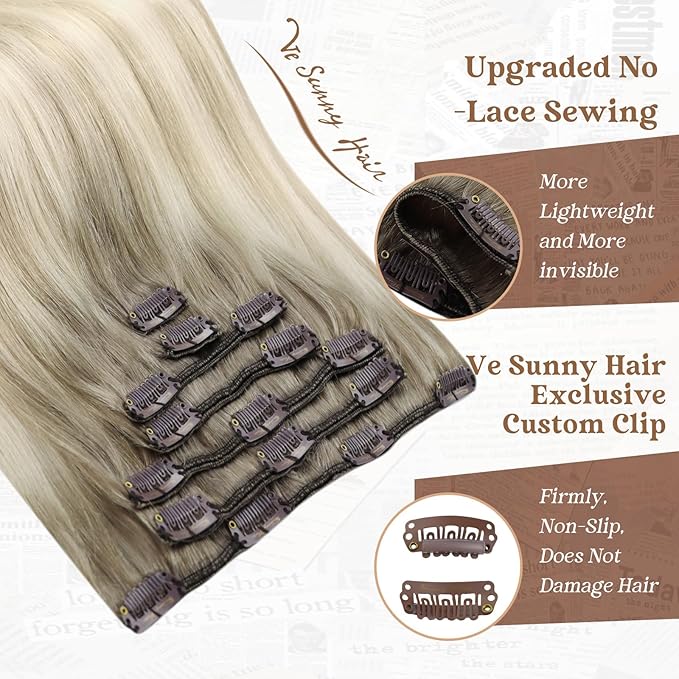 Ve Sunny Clip in Hair Extensions Ombre Remy Hair Extensions Clip in Extensions Real Human Hair for Women Short Ash Grey Balayage Platinum Blonde 5pcs 80g 12 inch
