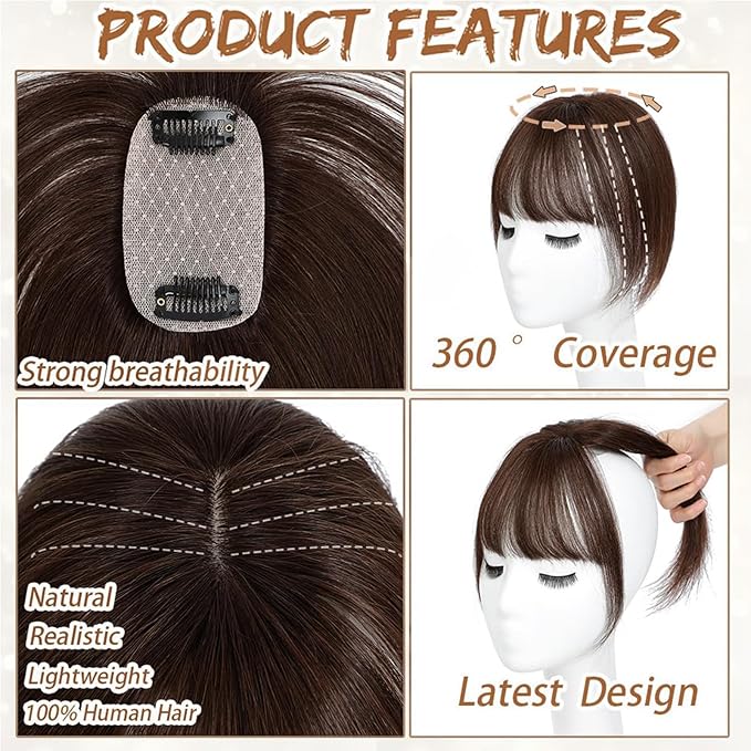 Amchoice Hair Toppers for Women Real Human Hair, Bangs Hair Clip 360° 3D Cover Bangs, Human Hair Toppers for Women Daily(Moch, 3D French Bangss (5 * 9))