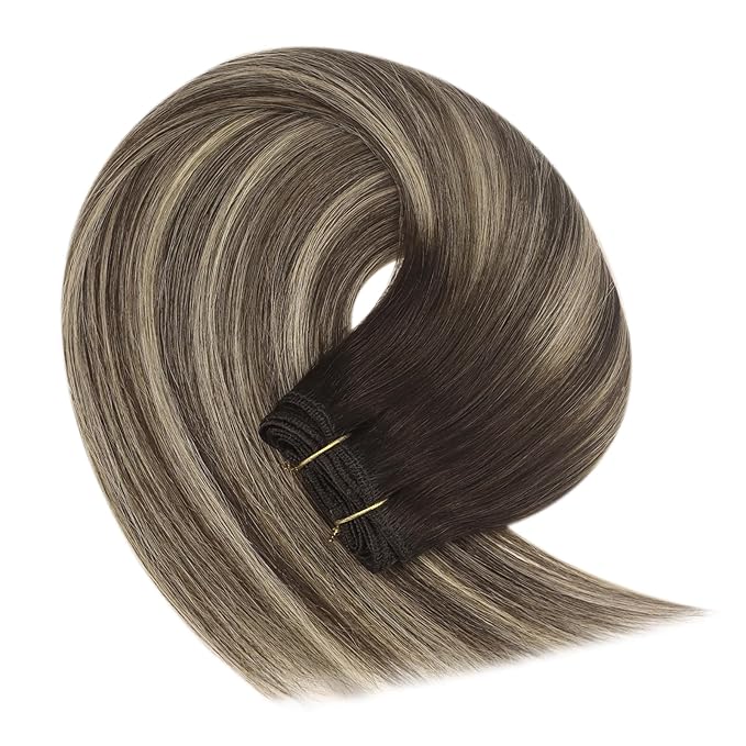 YoungSee Human Hair Sew in Extensions Balayage Double Weft Human Hair Extensions Chocolate Brown with Ash Blonde Balayage Sew in Bundles Human Hair 16Inch 100G