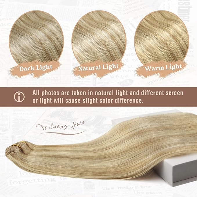 Ve Sunny Clip in Hair Extensions Real Human Hair Dark Blonde Highlights Golden Blonde Clip on Extensions for Women Natural Human Hair Extensions Straight 7pcs 18 inch 120g