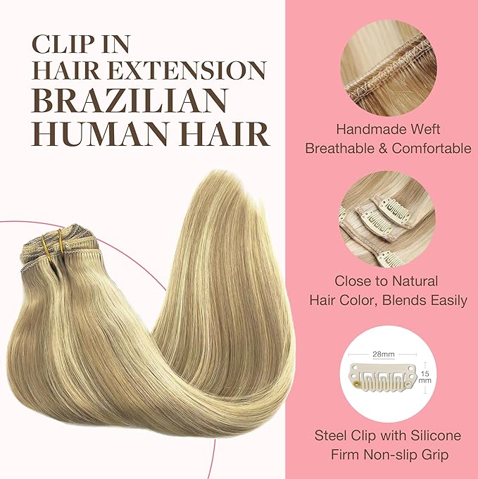 GOO GOO Clip in Hair Extensions Real Human Hair, Remy Human Hair Extensions Clip ins for Women, Natural Human Hair, 16inch 160g 7Pcs, #16/22 Light Blonde Highlighted Golden Blonde