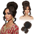 REECHO Messy Bun Hair Piece with Bangs – 2-in-1 Drawstring Ponytail Extension Updo Wig & Hair Topper with Long Side Bangs, Natural-Looking Hair Bun Hairpieces for Women - Chocolate Brown