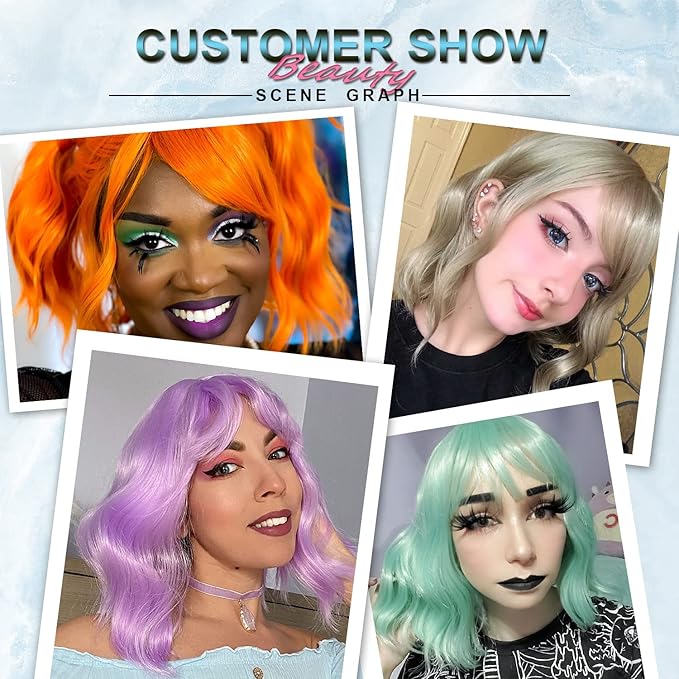Short Bob Wigs with Bangs for Women Loose Wavy Wig Curly Wavy Shoulder Length Bob Synthetic Cosplay Wig for Girl Colorful Costume Wigs (Purple)