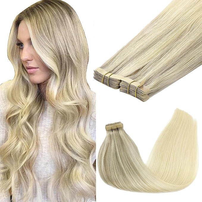 GOO GOO Tape in Hair Extensions Human Hair, 17/22/60 Ash Blonde to Golden Blonde and Platinum Blonde, 12inch 80g 40pcs, Skin Weft Seamless Invisible, Silky Straight with Thick Ends, Remy Human Hair