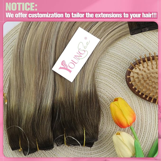YoungSee 135G Hair Extensions Wire Brown Blonde Human Hair Wire Extensions for Women Fish Line Hair Extensions Real Human Hair Balayage Walnut Brown Balayage Light Blonde 24inch