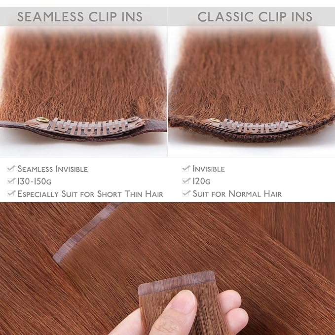 WENNALIFE Seamless Clip In Hair Extensions Human Hair, 18 Inch 130g 7pcs Dark Auburn Copper Real Hair Extensions Clip in Human Hair Invisible PU Skin Weft Natural Remy Human Hair Extensions