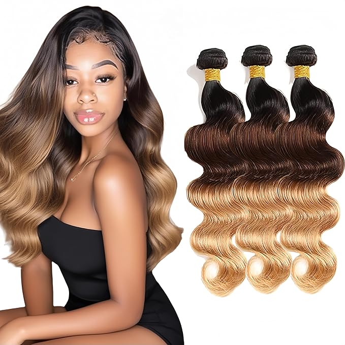 28 30 32 Inch Ombre Brown Bundles Human Hair Blonde Body Wave Bundles Niegmeag Virgin Soft and Silky Remy Hair Extensions Double Weft 2 Tone Light Brown and Honey Blonde Bundle Hair Weave